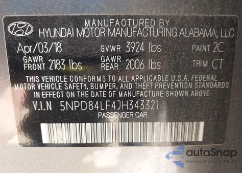 2018 Hyundai Elantra Sel из США, поврежденный, VIN 5NPD84LF4JH343321